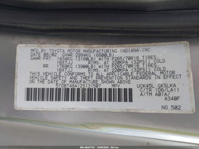 2002 Toyota Sequoia Limited V8 მანქანა იყიდება აუქციონზე, vin: 5TDBT48A12S131507, აუქციონის ნომერი: 46257797