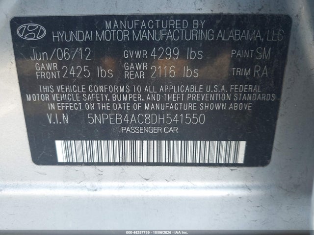 Aukcja sprzedaży 2013 Hyundai Sonata Gls Pzev, vin: 5NPEB4AC8DH541550, numer aukcji: 46257799