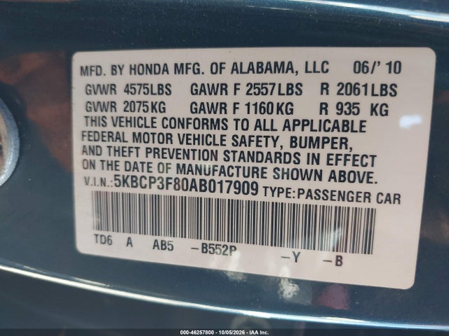 Продаж на аукціоні авто 2010 Honda Accord 3.5 Ex-l, vin: 5KBCP3F80AB017909, номер лоту: 46257800