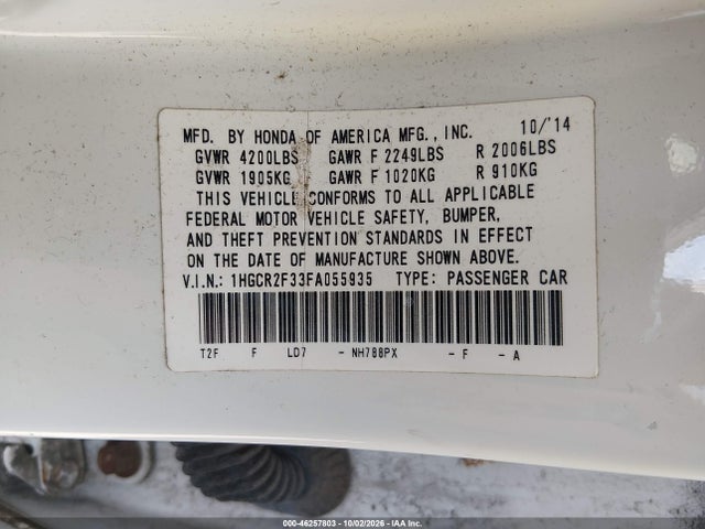 Продаж на аукціоні авто 2015 Honda Accord Lx, vin: 1HGCR2F33FA055935, номер лоту: 46257803