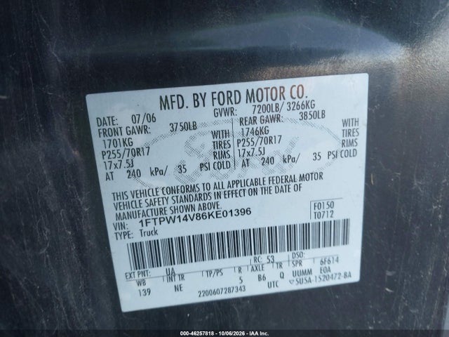 46257818 :رقم المزاد ، 1FTPW14V86KE01396 vin ، 2006 Ford F-150 Fx4/lariat/xlt مزاد بيع