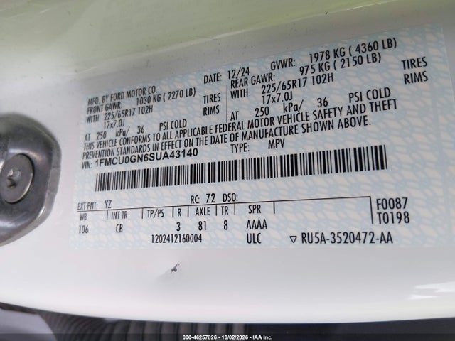 Продаж на аукціоні авто 2025 Ford Escape Active, vin: 1FMCU0GN6SUA43140, номер лоту: 46257826