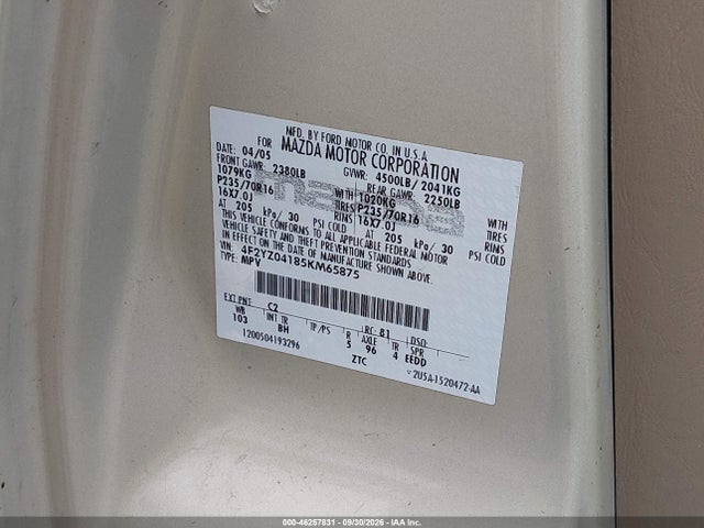 46257831 :رقم المزاد ، 4F2YZ04185KM65875 vin ، 2005 Mazda Tribute S مزاد بيع