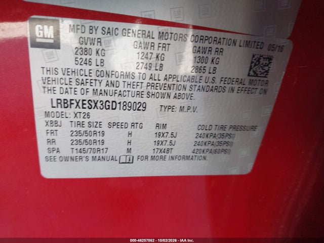 Продаж на аукціоні авто 2016 Buick Envision Premium I, vin: LRBFXESX3GD189029, номер лоту: 46257862