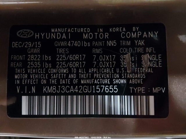 2016 Hyundai Tucson Se მანქანა იყიდება აუქციონზე, vin: KM8J3CA42GU157655, აუქციონის ნომერი: 46257863