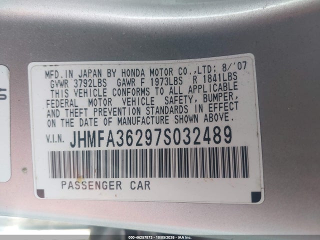 2007 Honda Civic Hybrid მანქანა იყიდება აუქციონზე, vin: JHMFA36297S032489, აუქციონის ნომერი: 46257873