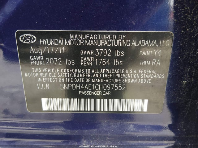 Продаж на аукціоні авто 2012 Hyundai Elantra Gls, vin: 5NPDH4AE1CH097552, номер лоту: 46257901