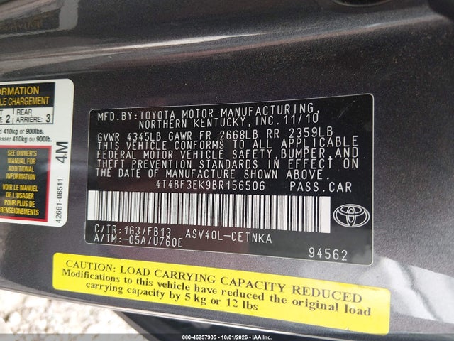 Aukcja sprzedaży 2011 Toyota Camry Le, vin: 4T4BF3EK9BR156506, numer aukcji: 46257905