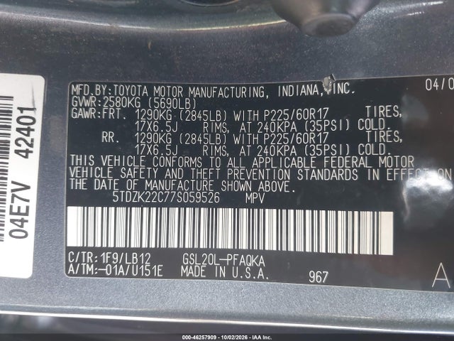 46257909 :رقم المزاد ، 5TDZK22C77S059526 vin ، 2007 Toyota Sienna Xle مزاد بيع