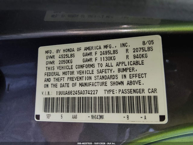 46257920 :رقم المزاد ، 19UUA66245A074227 vin ، 2005 Acura Tl مزاد بيع