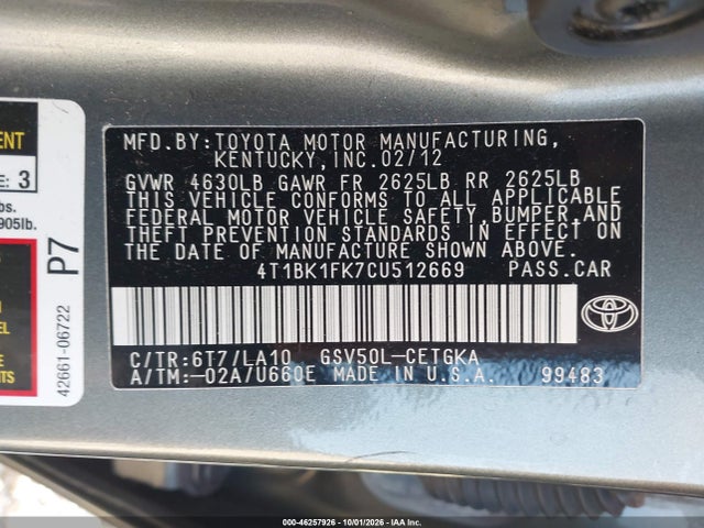Продажа на аукционе авто 2012 Toyota Camry Xle V6, vin: 4T1BK1FK7CU512669, номер лота: 46257926