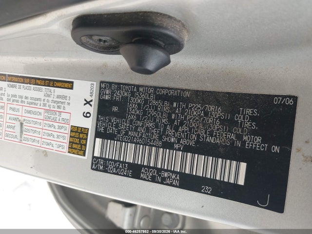 Aukcja sprzedaży 2006 Toyota Highlander, vin: JTEGD21A960154488, numer aukcji: 46257952