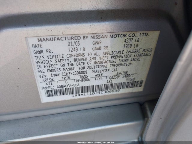 46257975 :رقم المزاد ، 1N4AL11D35C306009 vin ، 2005 Nissan Altima 2.5 S مزاد بيع