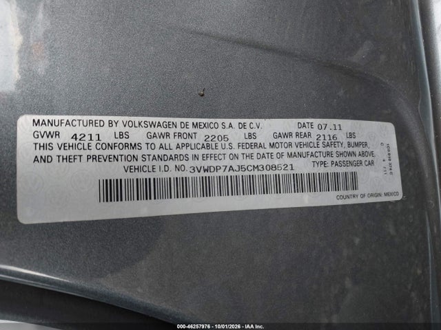 2012 Volkswagen Jetta 2.5l Se მანქანა იყიდება აუქციონზე, vin: 3VWDP7AJ5CM308521, აუქციონის ნომერი: 46257976