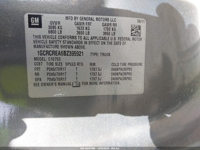 2011 Chevrolet Silverado 1500 Ls მანქანა იყიდება აუქციონზე, vin: 1GCRCREA6BZ395921, აუქციონის ნომერი: 46257988