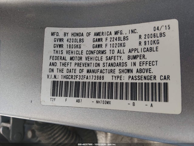 Продаж на аукціоні авто 2015 Honda Accord Lx, vin: 1HGCR2F32FA173989, номер лоту: 46257995