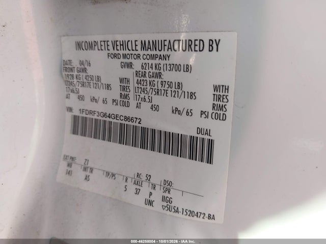 Продаж на аукціоні авто 2016 Ford F-350 Chassis Xl, vin: 1FDRF3G64GEC86672, номер лоту: 46258004