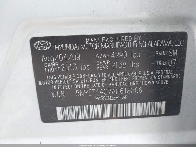 Aukcja sprzedaży 2010 Hyundai Sonata Gls, vin: 5NPET4AC7AH618806, numer aukcji: 46258045