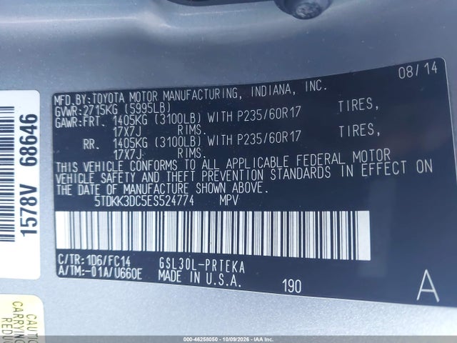 2014 Toyota Sienna Le V6 8 Passenger მანქანა იყიდება აუქციონზე, vin: 5TDKK3DC5ES524774, აუქციონის ნომერი: 46258050