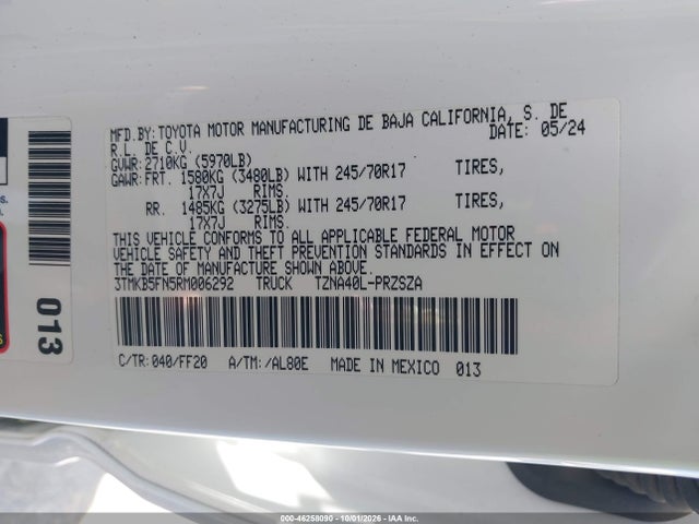 Aukcja sprzedaży 2024 Toyota Tacoma Sr5, vin: 3TMKB5FN5RM006292, numer aukcji: 46258090