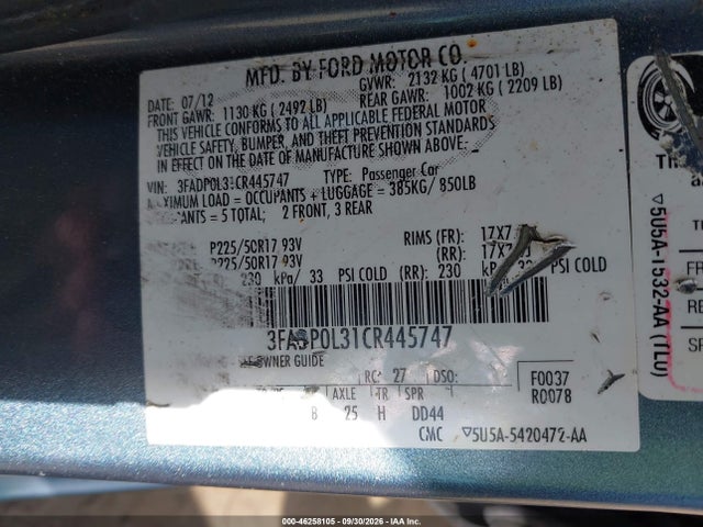 46258105 :رقم المزاد ، 3FADP0L31CR445747 vin ، 2012 Ford Fusion Hybrid مزاد بيع