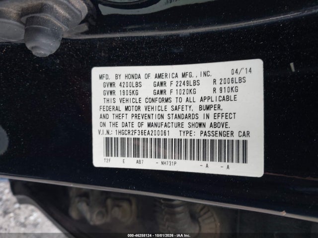 2014 Honda Accord Lx მანქანა იყიდება აუქციონზე, vin: 1HGCR2F36EA200061, აუქციონის ნომერი: 46258124