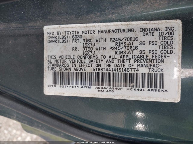 Продаж на аукціоні авто 2001 Toyota Tundra Access Cab/access Cab Sr5, vin: 5TBBT44141S146774, номер лоту: 46258125
