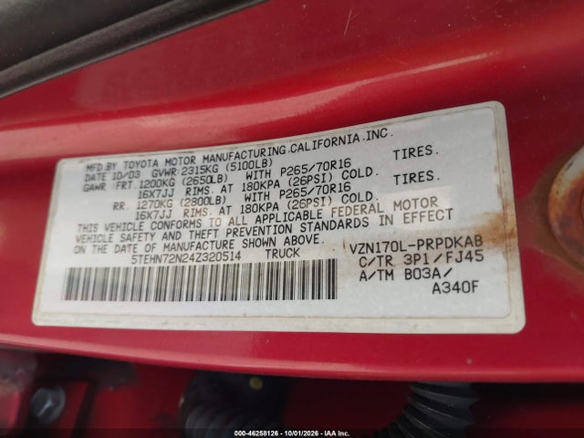 Продаж на аукціоні авто 2004 Toyota Tacoma Base V6, vin: 5TEHN72N24Z320514, номер лоту: 46258126