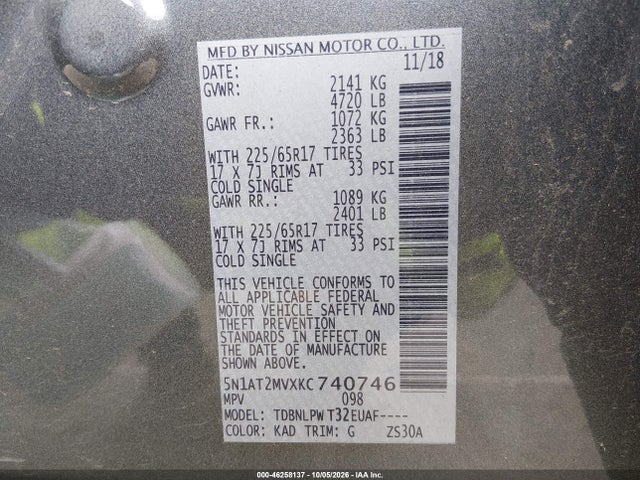 46258137 :رقم المزاد ، 5N1AT2MVXKC740746 vin ، 2019 Nissan Rogue S مزاد بيع
