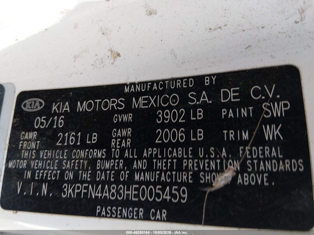 46258164 :رقم المزاد ، 3KPFN4A83HE005459 vin ، 2017 Kia Forte Ex مزاد بيع