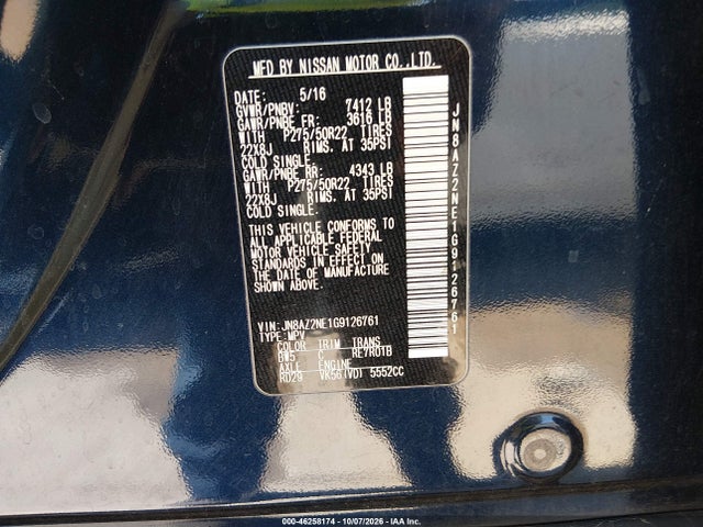 2016 Infiniti Qx80 მანქანა იყიდება აუქციონზე, vin: JN8AZ2NE1G9126761, აუქციონის ნომერი: 46258174