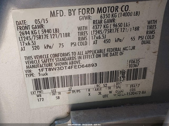 Aukcja sprzedaży 2015 Ford F-350 Lariat, vin: 1FT8W3DT4FED64893, numer aukcji: 46258189