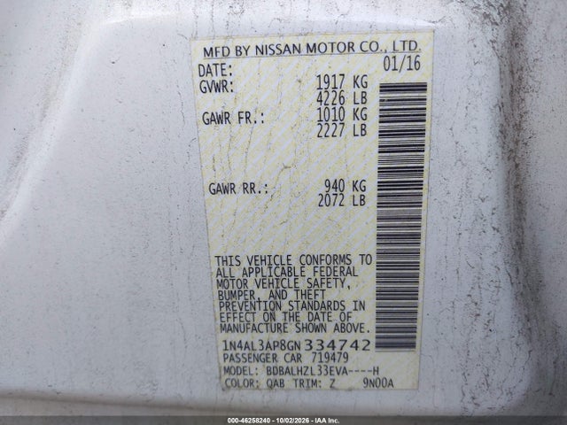46258240 :رقم المزاد ، 1N4AL3AP8GN334742 vin ، 2016 Nissan Altima 2.5 Sr مزاد بيع