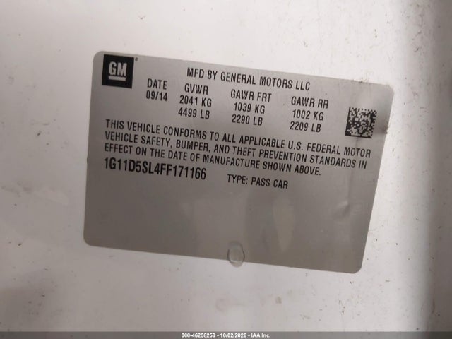 2015 Chevrolet Malibu 2lt მანქანა იყიდება აუქციონზე, vin: 1G11D5SL4FF171166, აუქციონის ნომერი: 46258259