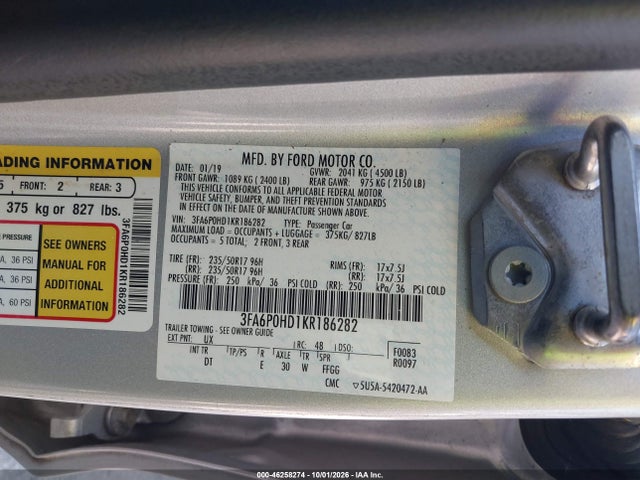 2019 Ford Fusion Se მანქანა იყიდება აუქციონზე, vin: 3FA6P0HD1KR186282, აუქციონის ნომერი: 46258274