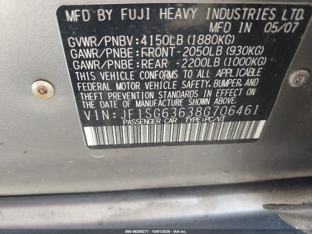 46258277 :رقم المزاد ، JF1SG63638G706461 vin ، 2008 Subaru Forester 2.5x مزاد بيع