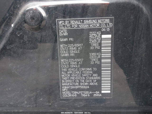 46258279 :رقم المزاد ، KNMAT2MV6FP561624 vin ، 2015 Nissan Rogue S مزاد بيع