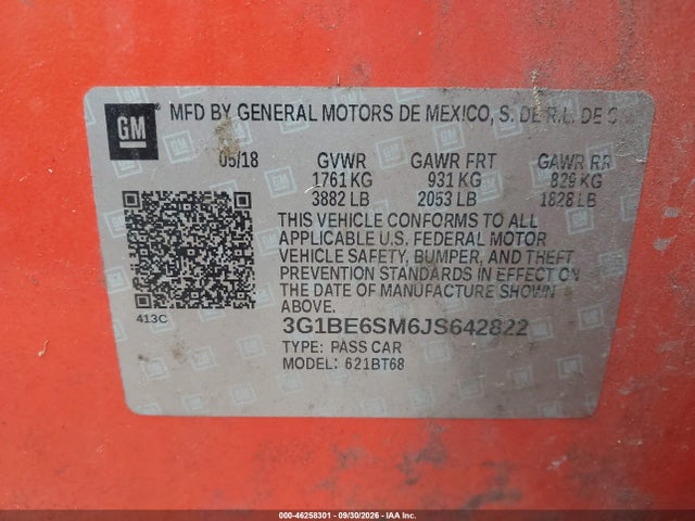 Продаж на аукціоні авто 2018 Chevrolet Cruze Lt Auto, vin: 3G1BE6SM6JS642822, номер лоту: 46258301