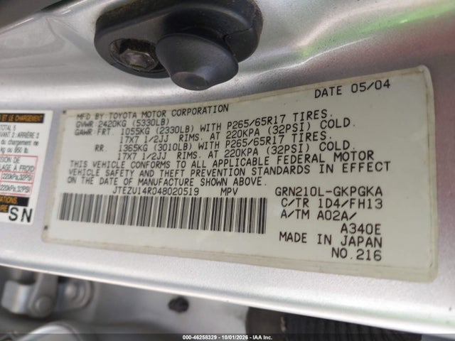 Продаж на аукціоні авто 2004 Toyota 4runner Sr5 Sport V6, vin: JTEZU14R048020519, номер лоту: 46258329