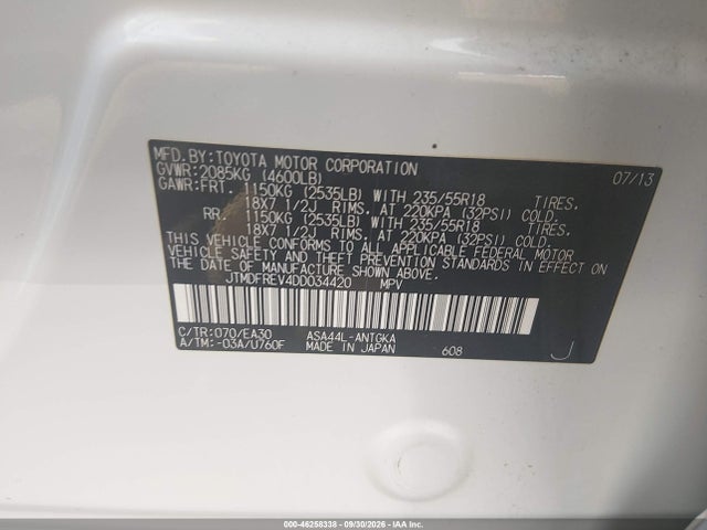 Aukcja sprzedaży 2013 Toyota Rav4 Limited, vin: JTMDFREV4DD034420, numer aukcji: 46258338