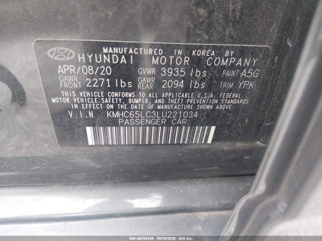 Продаж на аукціоні авто 2020 Hyundai Ioniq Hybrid Blue, vin: KMHC65LC3LU221034, номер лоту: 46258349