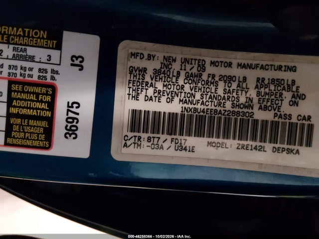 Aukcja sprzedaży 2010 Toyota Corolla S, vin: 1NXBU4EE8AZ288302, numer aukcji: 46258366