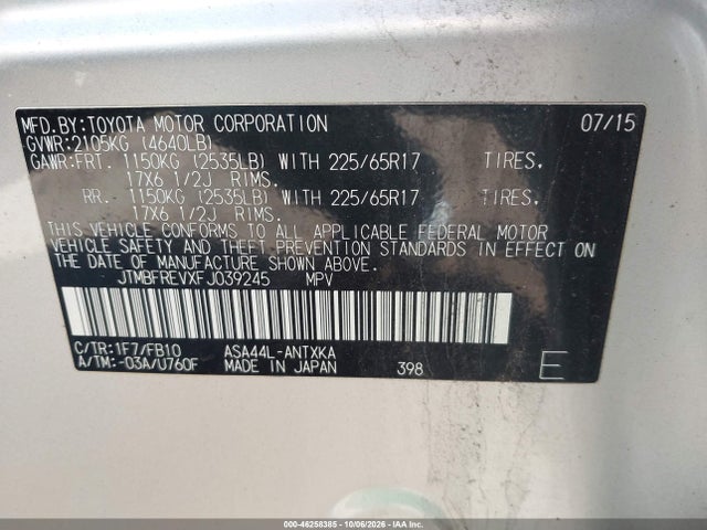 46258385 :رقم المزاد ، JTMBFREVXFJ039245 vin ، 2015 Toyota Rav4 Le مزاد بيع
