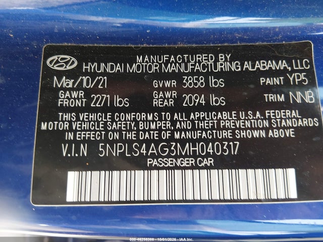 Продаж на аукціоні авто 2021 Hyundai Elantra Sel, vin: 5NPLS4AG3MH040317, номер лоту: 46258388