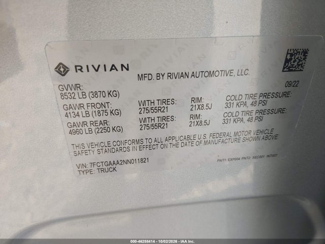 Продажа на аукционе авто 2022 Rivian R1t Adventure, vin: 7FCTGAAA2NN011821, номер лота: 46258414