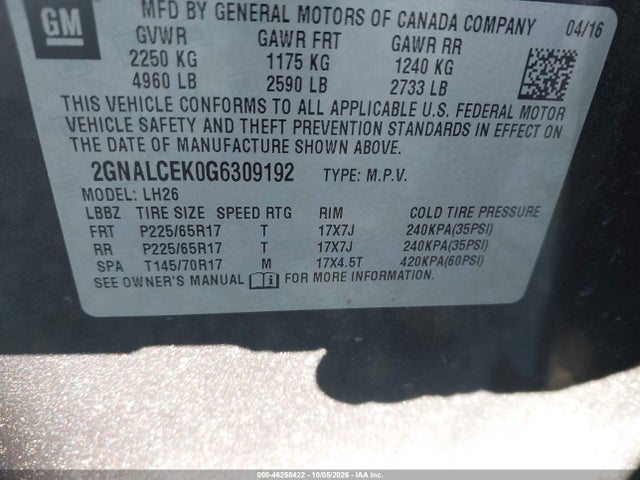 Aukcja sprzedaży 2016 Chevrolet Equinox Lt, vin: 2GNALCEK0G6309192, numer aukcji: 46258422