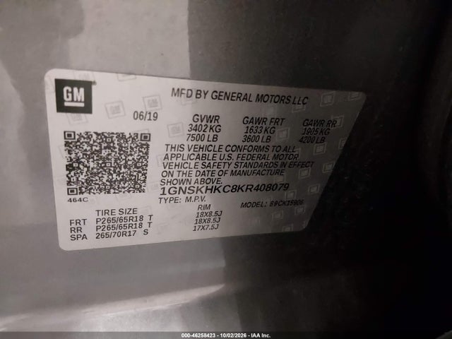 Продаж на аукціоні авто 2019 Chevrolet Suburban Lt, vin: 1GNSKHKC8KR408079, номер лоту: 46258423