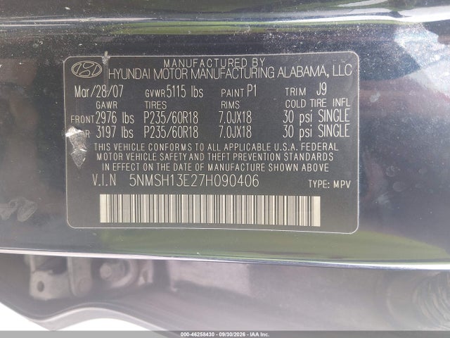 Aukcja sprzedaży 2007 Hyundai Santa Fe Limited/se, vin: 5NMSH13E27H090406, numer aukcji: 46258430