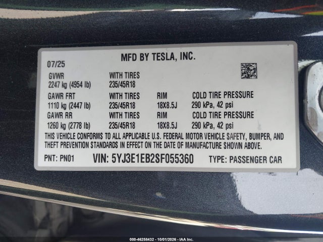 Aukcja sprzedaży 2025 Tesla Model 3 Long Range All-wheel Drive, vin: 5YJ3E1EB2SF055360, numer aukcji: 46258432