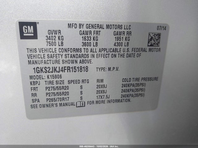 Aukcja sprzedaży 2015 Gmc Yukon Xl 1500 Denali, vin: 1GKS2JKJ4FR151818, numer aukcji: 46258443